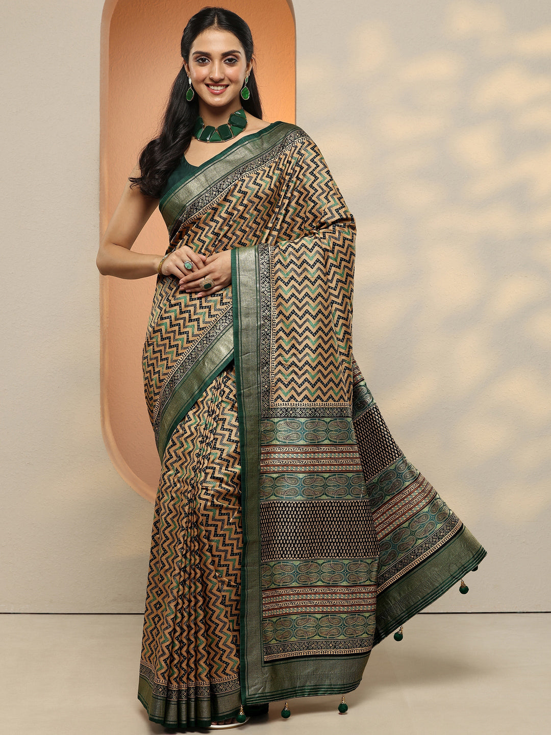  Green Chevron Printed Silk Blend Saree With Unstitched Blouse Piece 