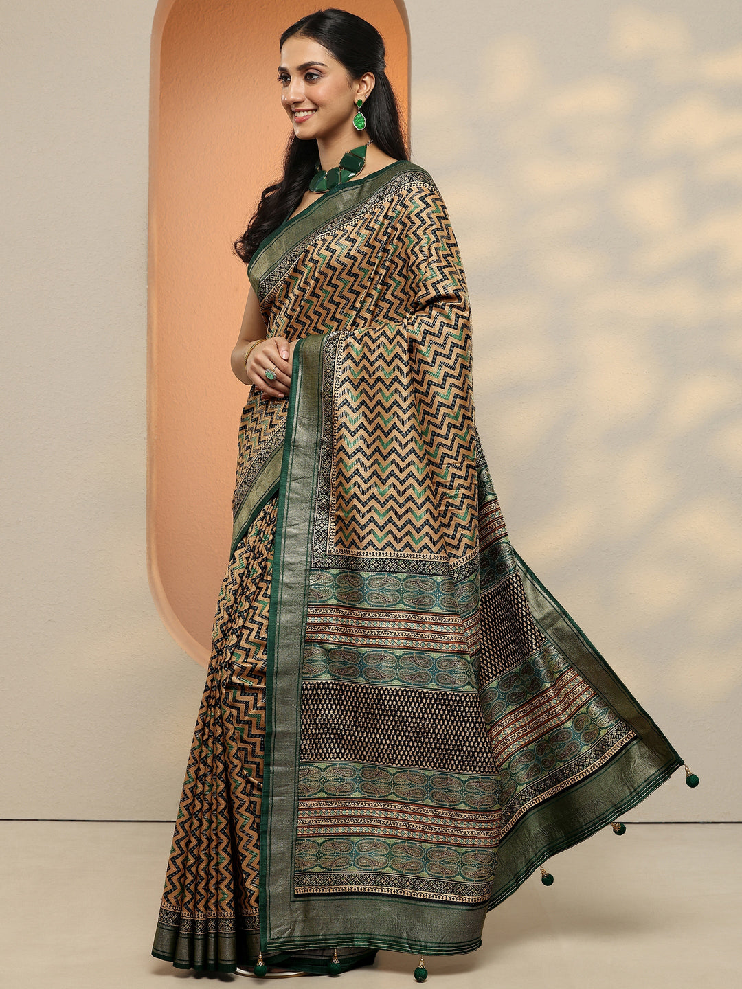  Green Chevron Printed Silk Blend Saree With Unstitched Blouse Piece 