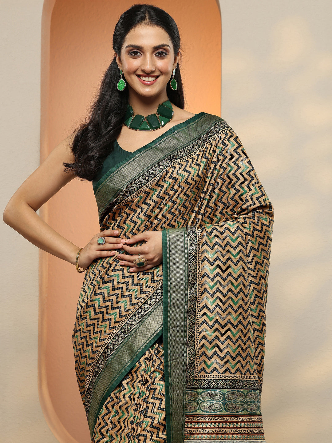  Green Chevron Printed Silk Blend Saree With Unstitched Blouse Piece 