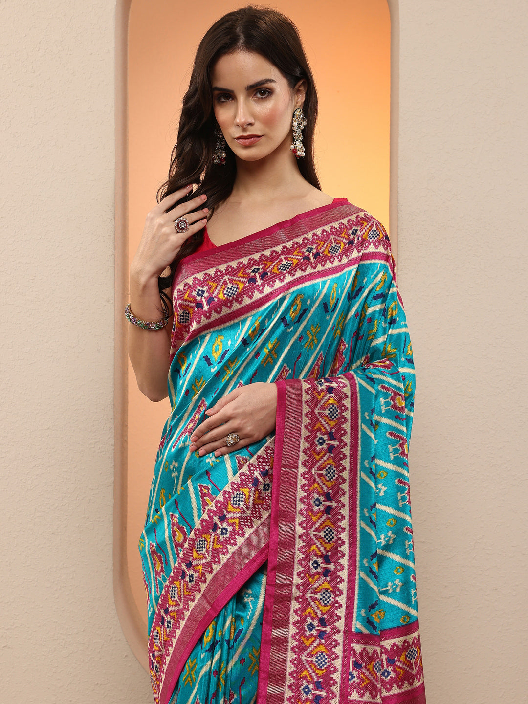  Blue Tribal Printed Silk Blend Saree With Unstitched Blouse Piece 