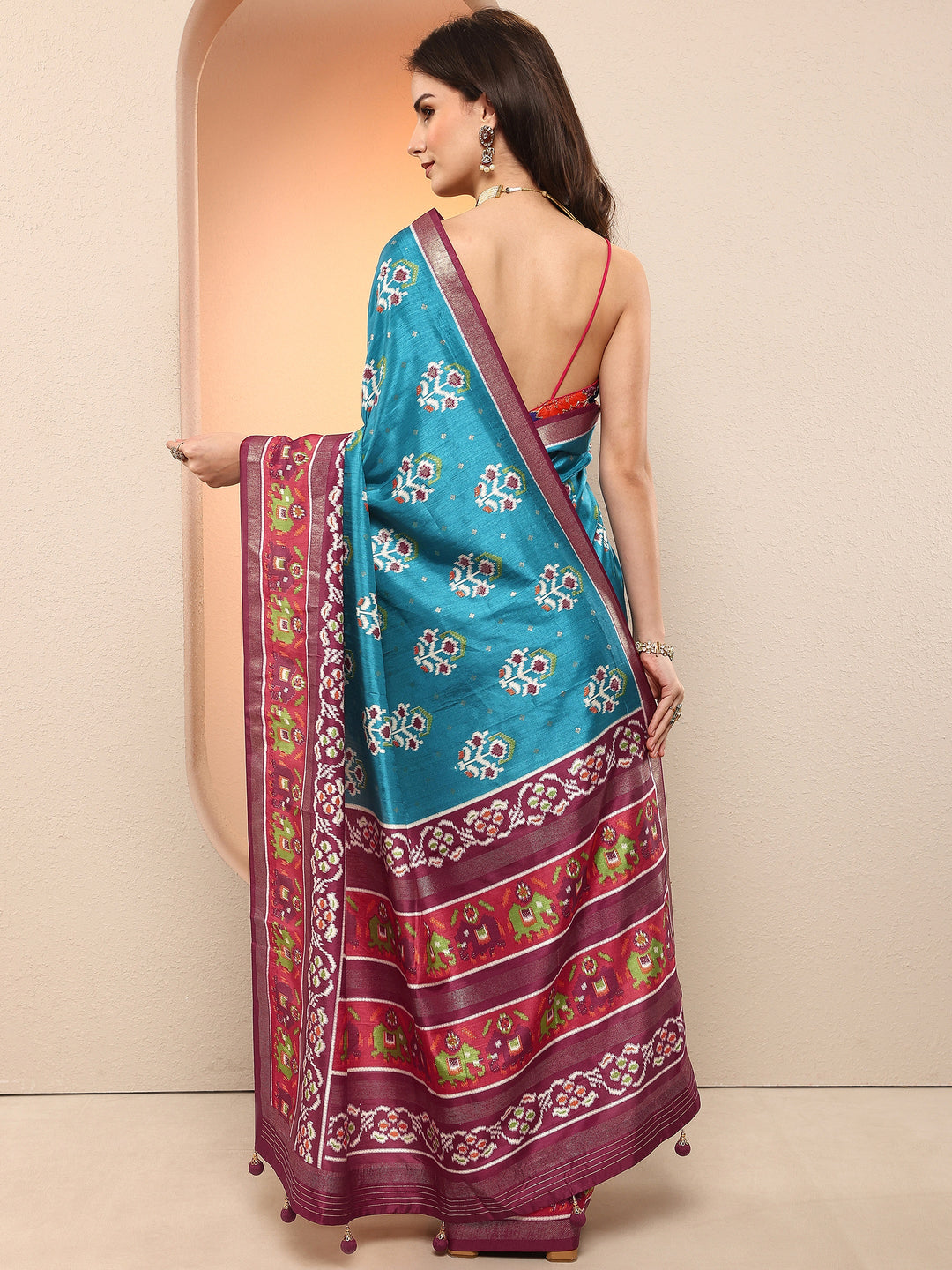  Blue Printed Silk Blend Sarees With Unstitched Blouse Piece 