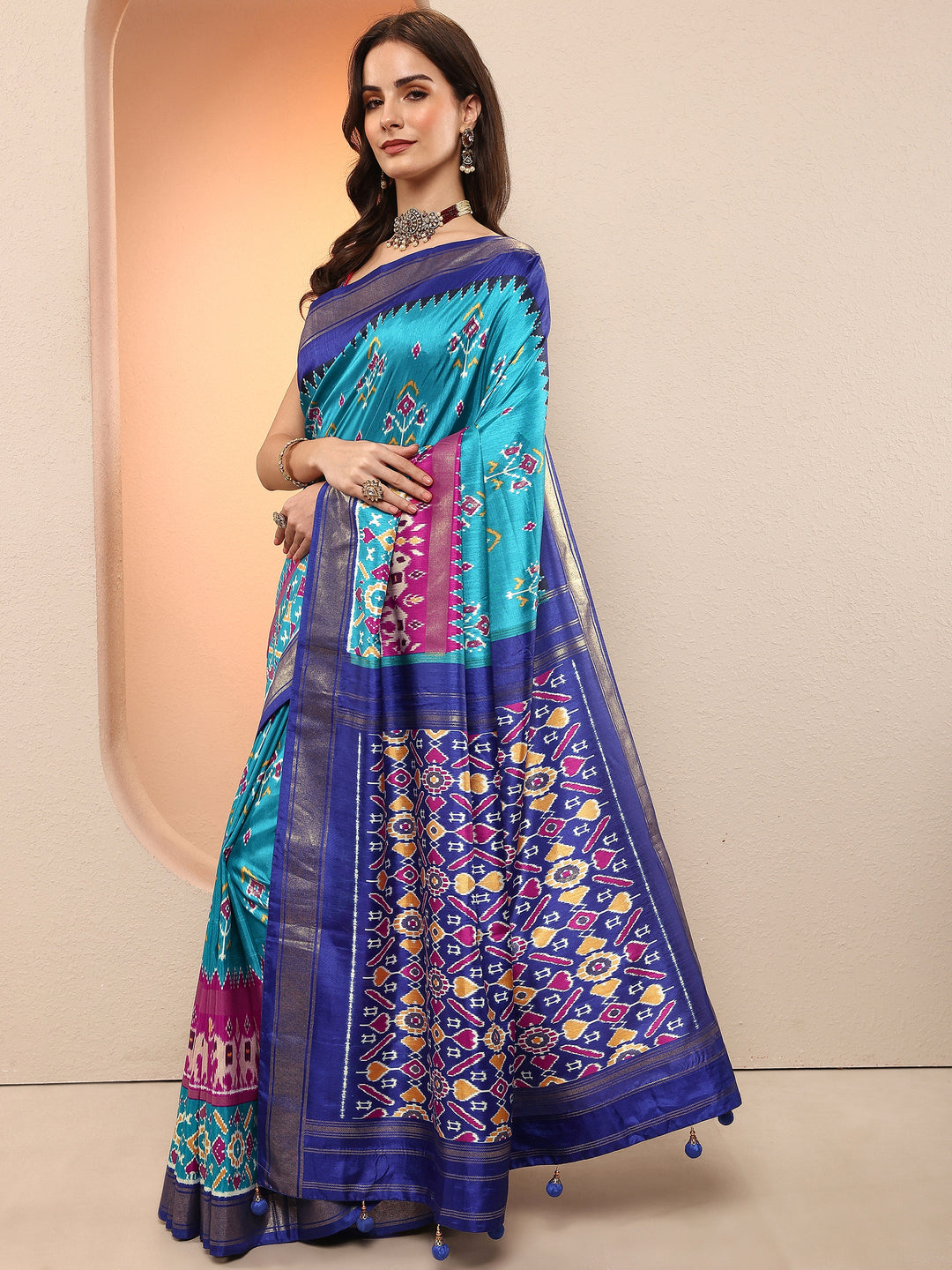  Blue Printed Silk Blend Sarees With Unstitched Blouse Piece 