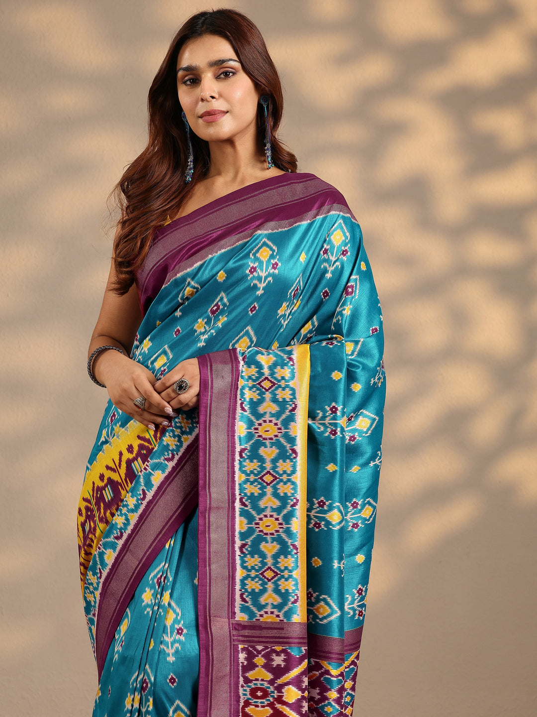  Blue Printed Silk Blend Saree With Unstitched Blouse Piece 