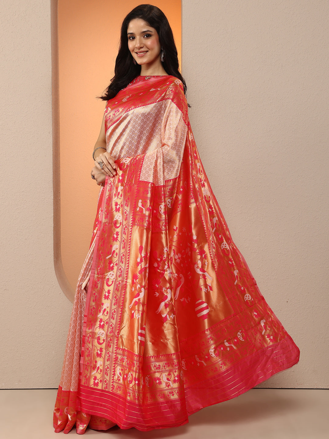  Peach Woven Design Silk Blend Saree With Unstitched Blouse Piece 