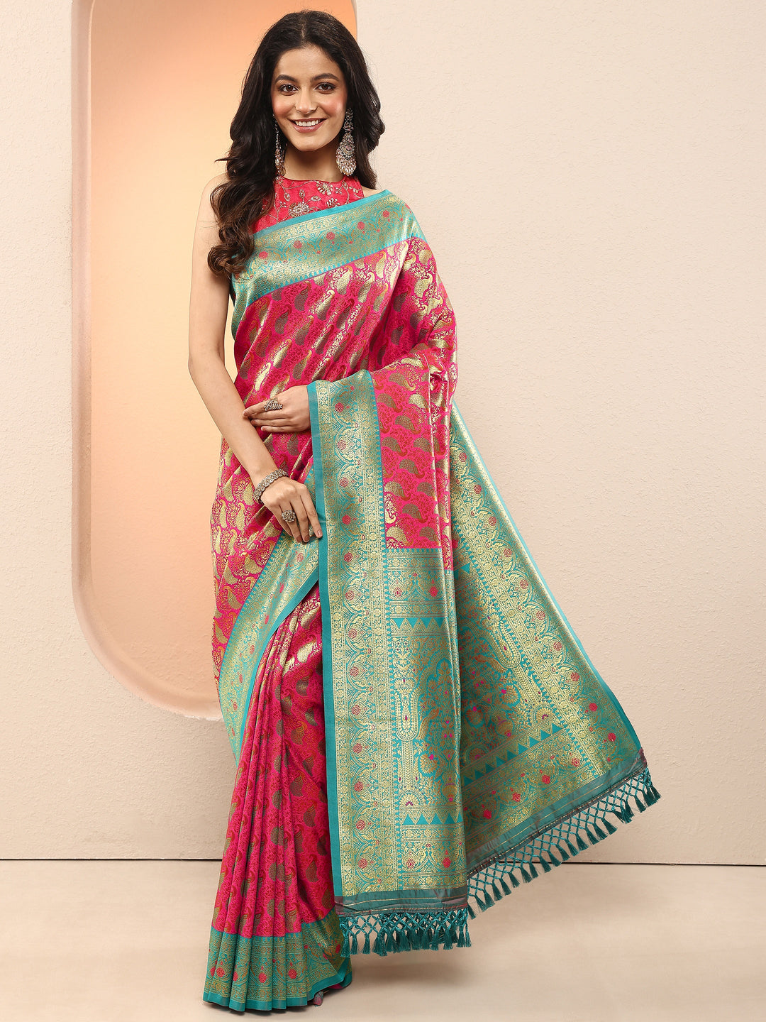  Pink Woven Design Silk Blend Sarees With Unstitched Blouse Piece 