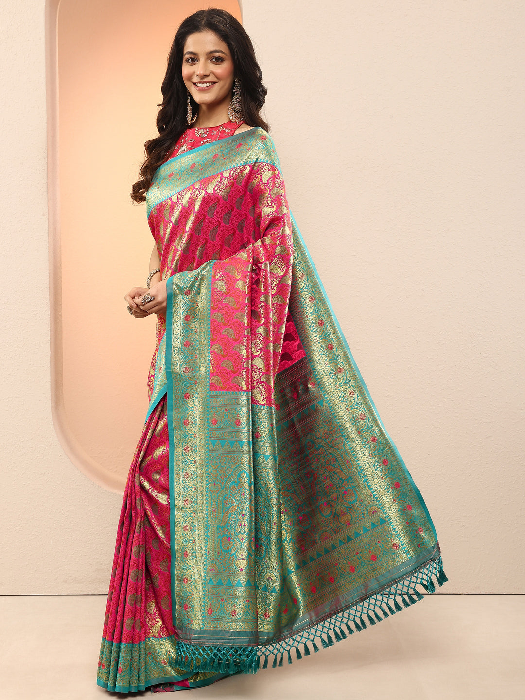  Pink Woven Design Silk Blend Sarees With Unstitched Blouse Piece 