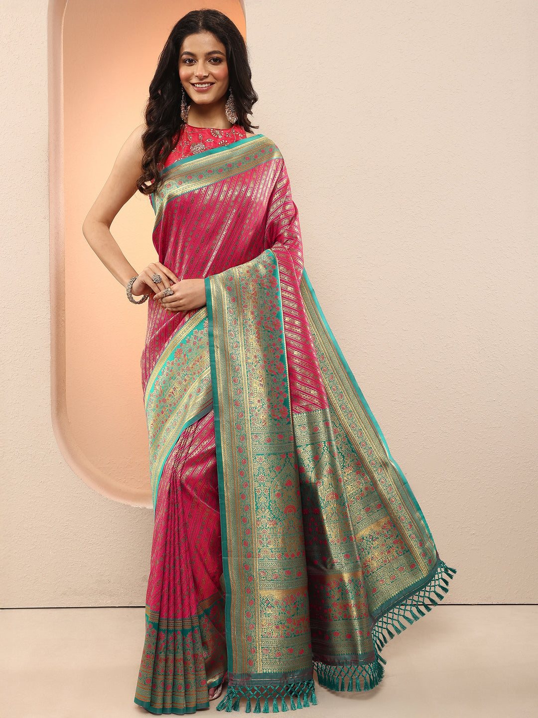  Pink Woven Design Silk Blend Sarees With Unstitched Blouse Piece 