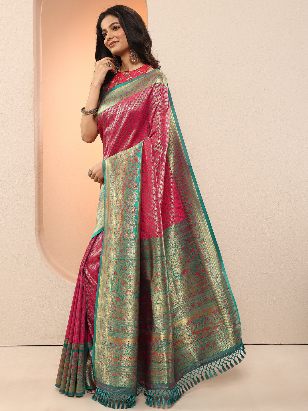  Pink Woven Design Silk Blend Sarees With Unstitched Blouse Piece 