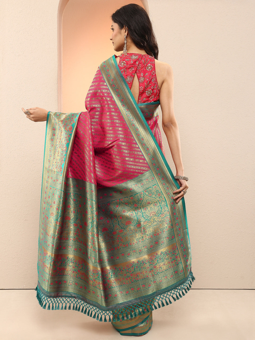  Pink Woven Design Silk Blend Sarees With Unstitched Blouse Piece 