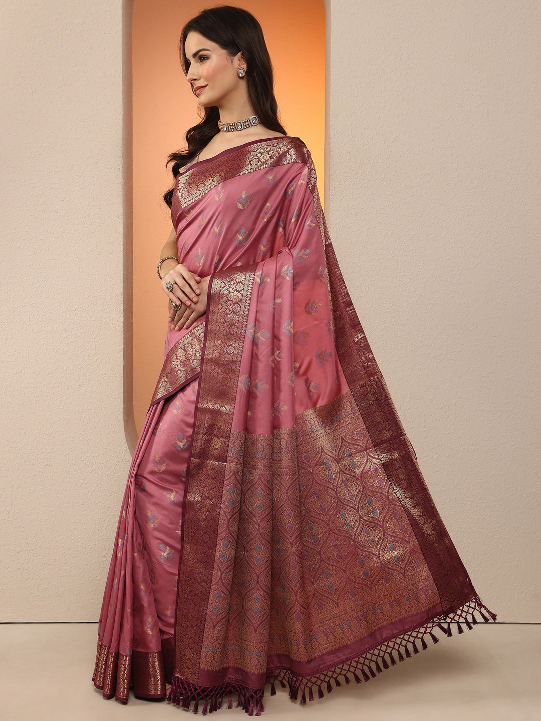  Pink Woven Design Silk Blend Saree With Unstitched Blouse Piece 
