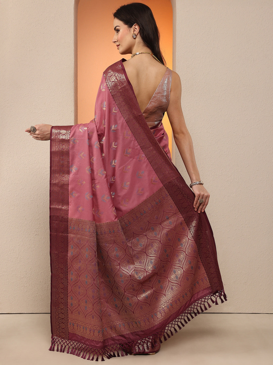  Pink Woven Design Silk Blend Saree With Unstitched Blouse Piece 