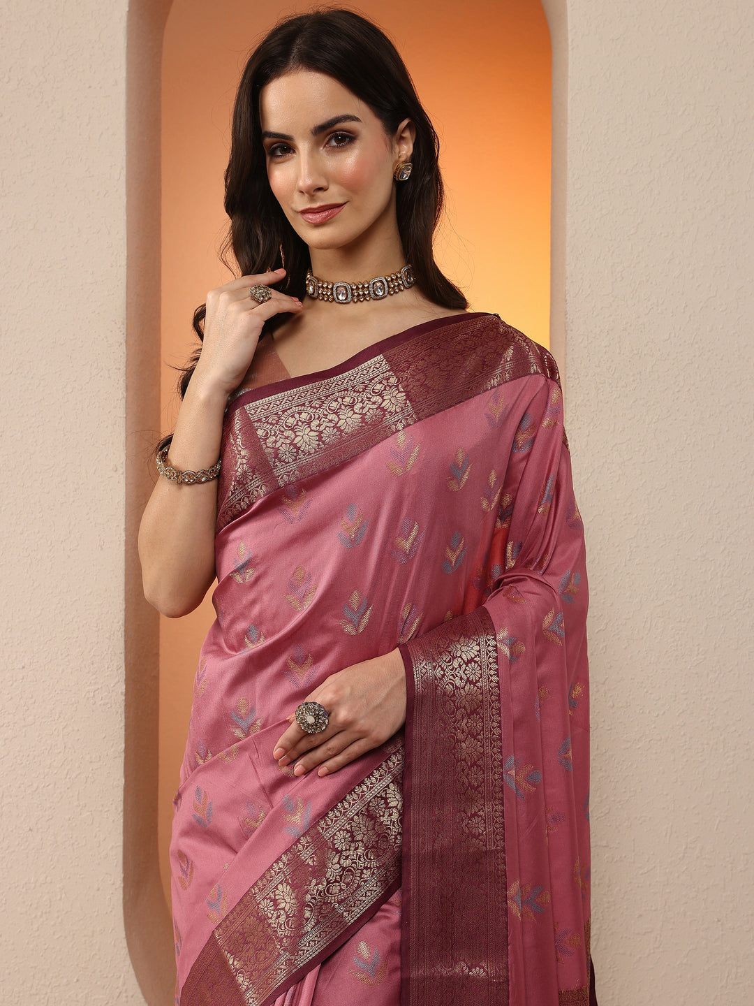  Pink Woven Design Silk Blend Saree With Unstitched Blouse Piece 