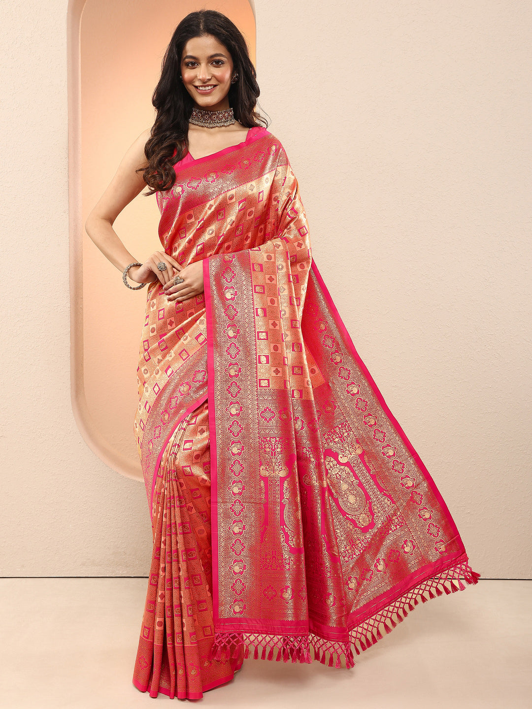  Gold Woven Design Silk Blend Sarees With Unstitched Blouse Piece 