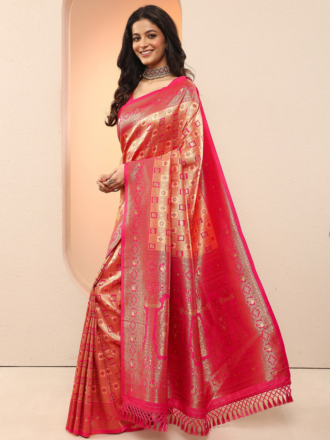  Gold Woven Design Silk Blend Sarees With Unstitched Blouse Piece 