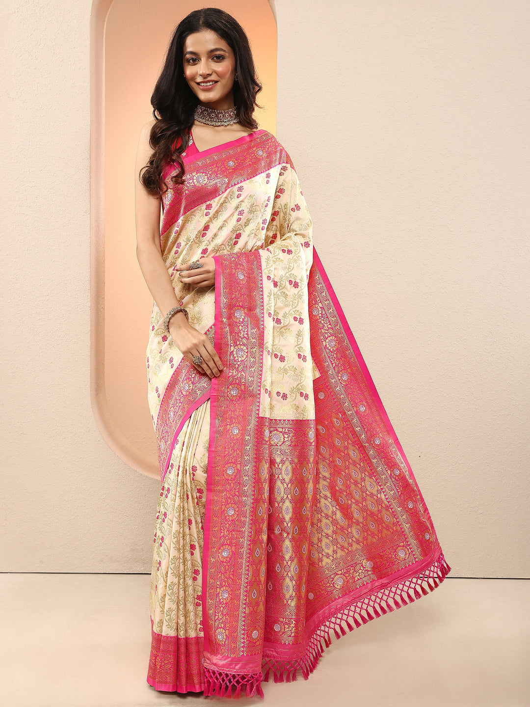  Cream Woven Design Silk Blend Sarees With Unstitched Blouse Piece 
