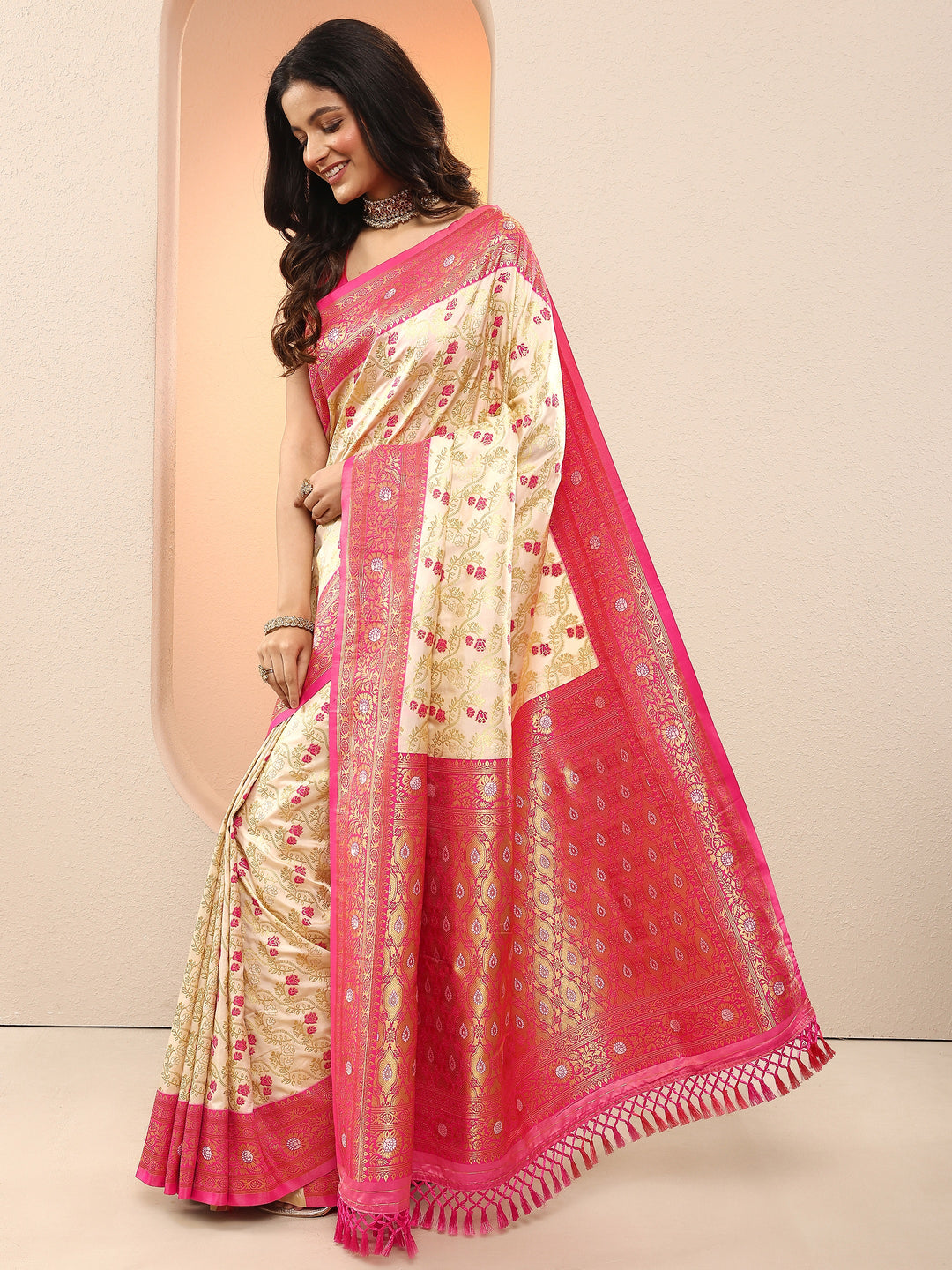  Cream Woven Design Silk Blend Sarees With Unstitched Blouse Piece 