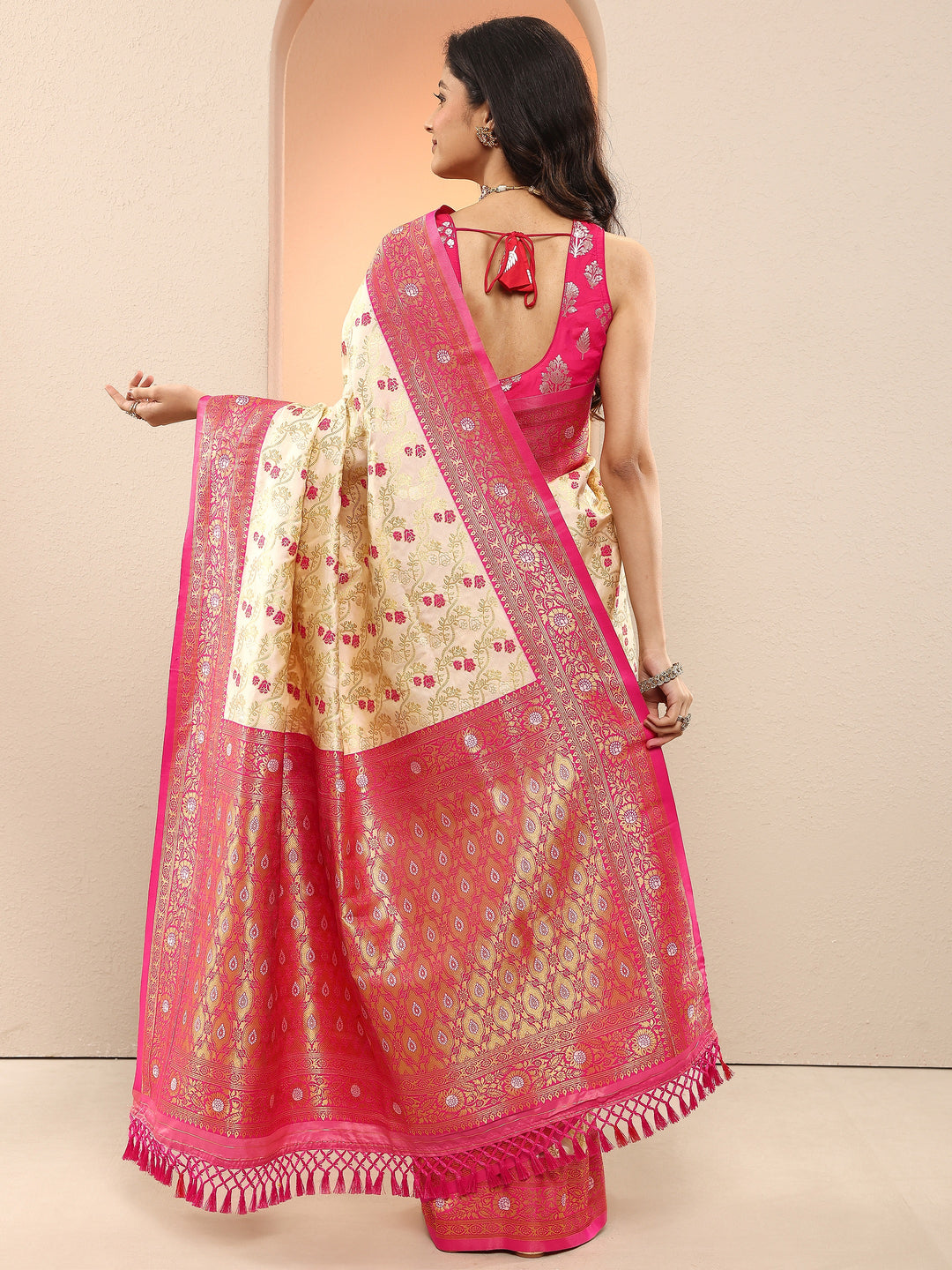  Cream Woven Design Silk Blend Sarees With Unstitched Blouse Piece 
