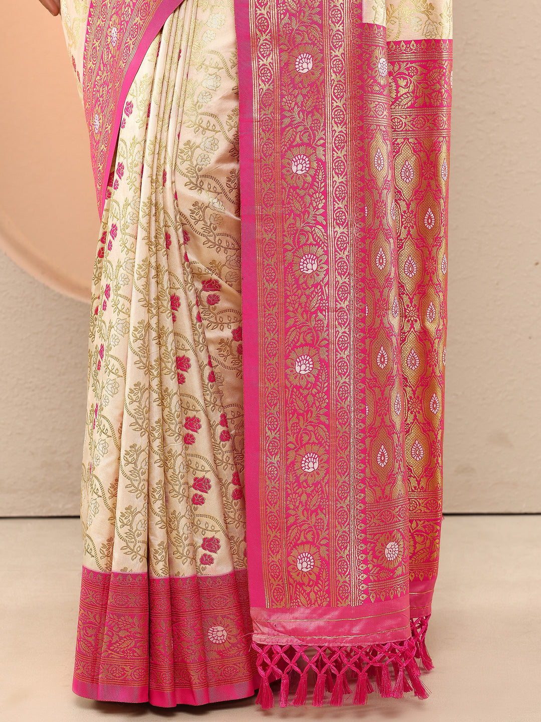 Cream Woven Design Silk Blend Sarees With Unstitched Blouse Piece 