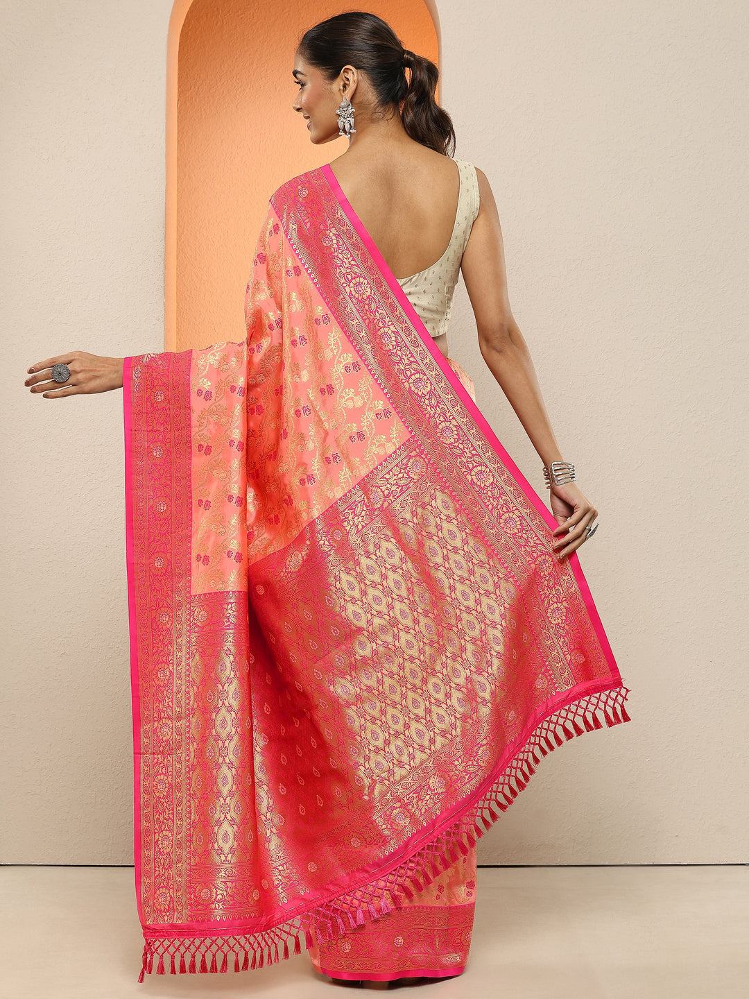  Peach Woven Design Silk Blend Sarees With Unstitched Blouse Piece 