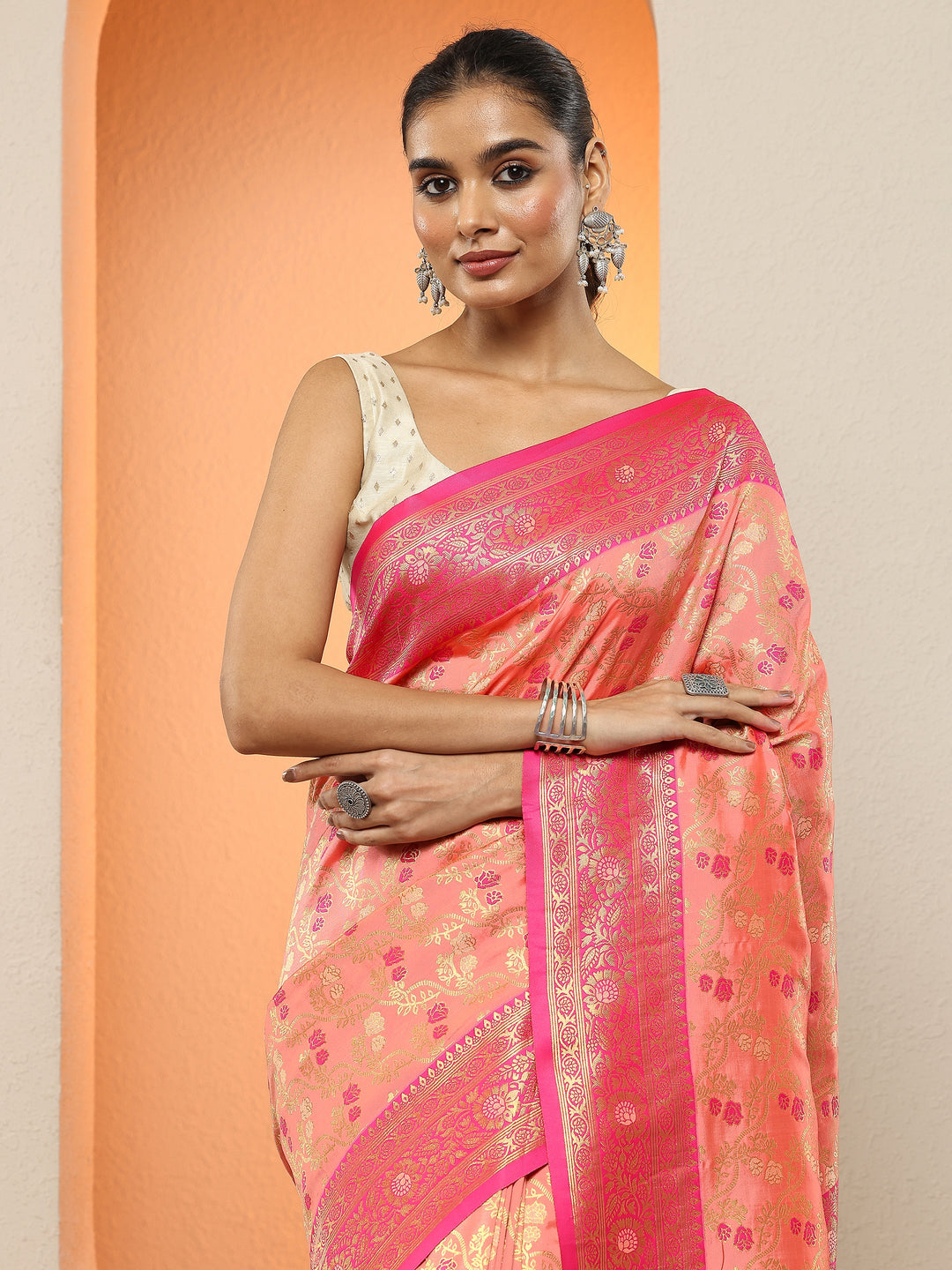  Peach Woven Design Silk Blend Sarees With Unstitched Blouse Piece 