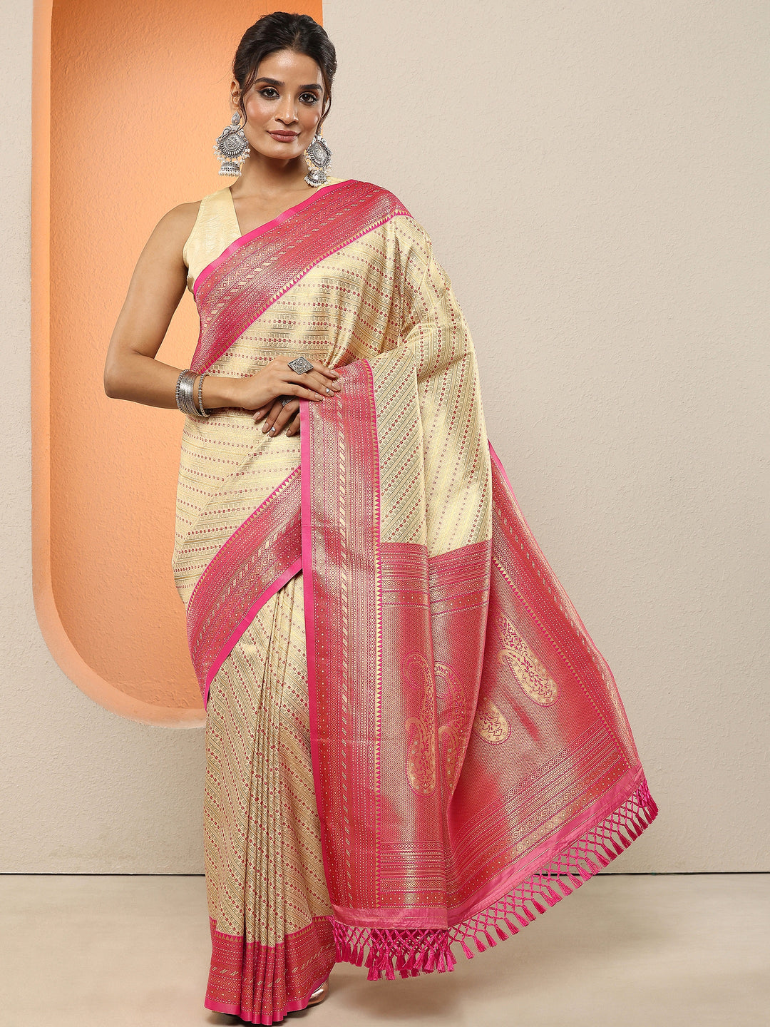  Cream Woven Design Silk Blend Sarees With Unstitched Blouse Piece 