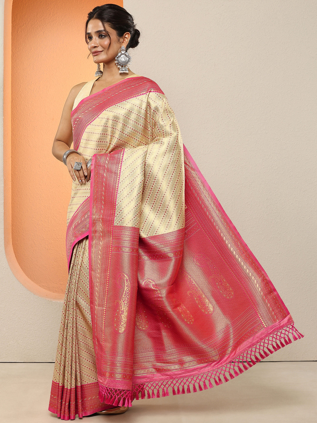 Cream Woven Design Silk Blend Sarees With Unstitched Blouse Piece 