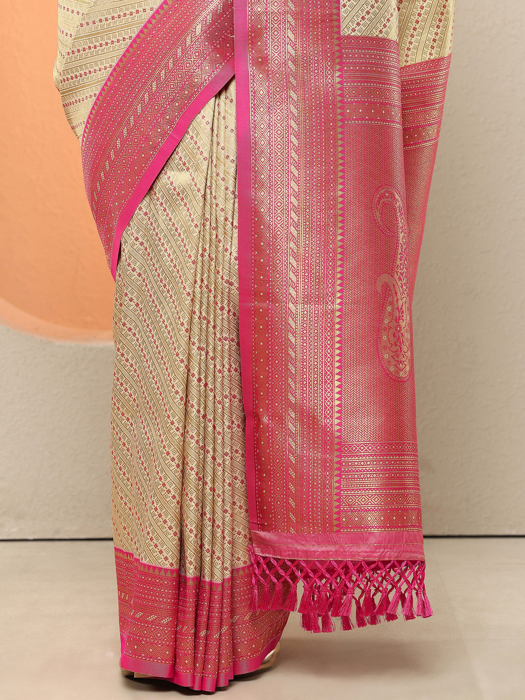  Cream Woven Design Silk Blend Sarees With Unstitched Blouse Piece 