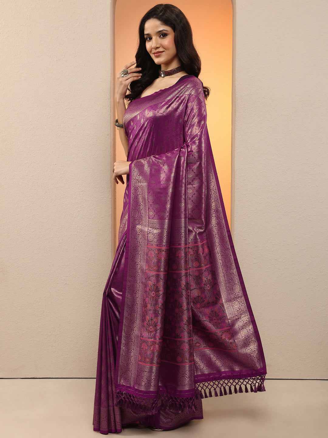  Purple Woven Design Silk Blend Saree With Unstitched Blouse Piece 
