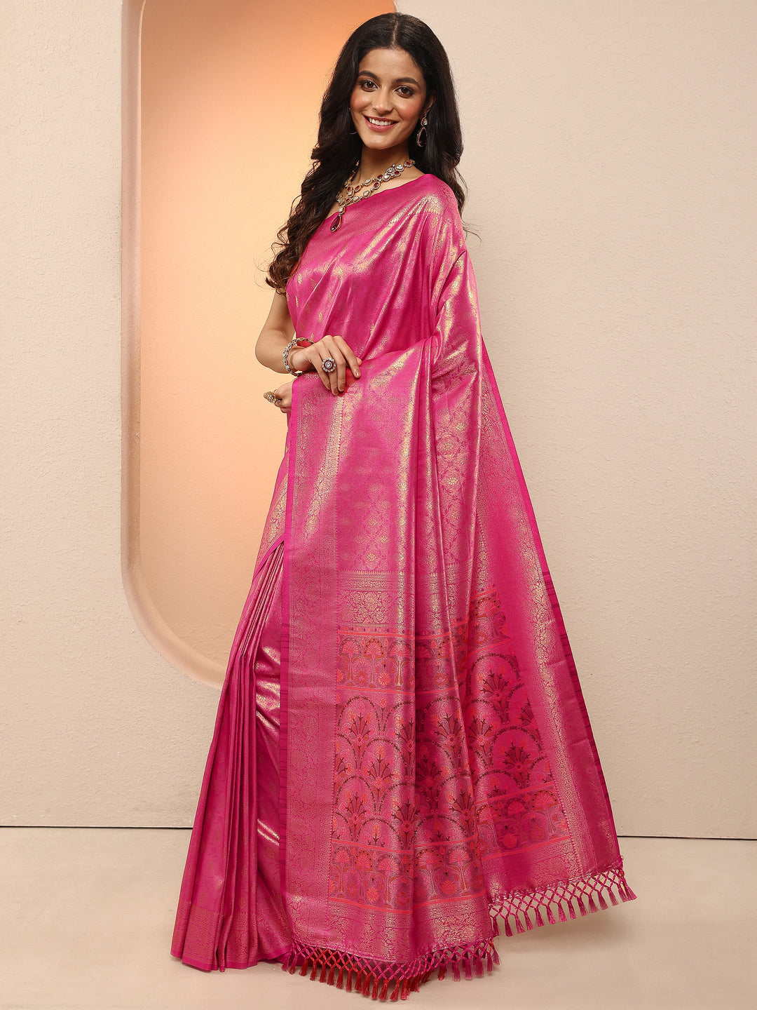  Pink Woven Design Silk Blend Sarees With Unstitched Blouse Piece 
