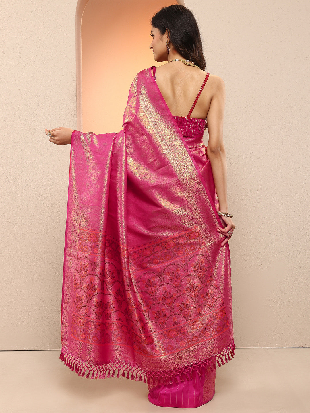  Pink Woven Design Silk Blend Sarees With Unstitched Blouse Piece 