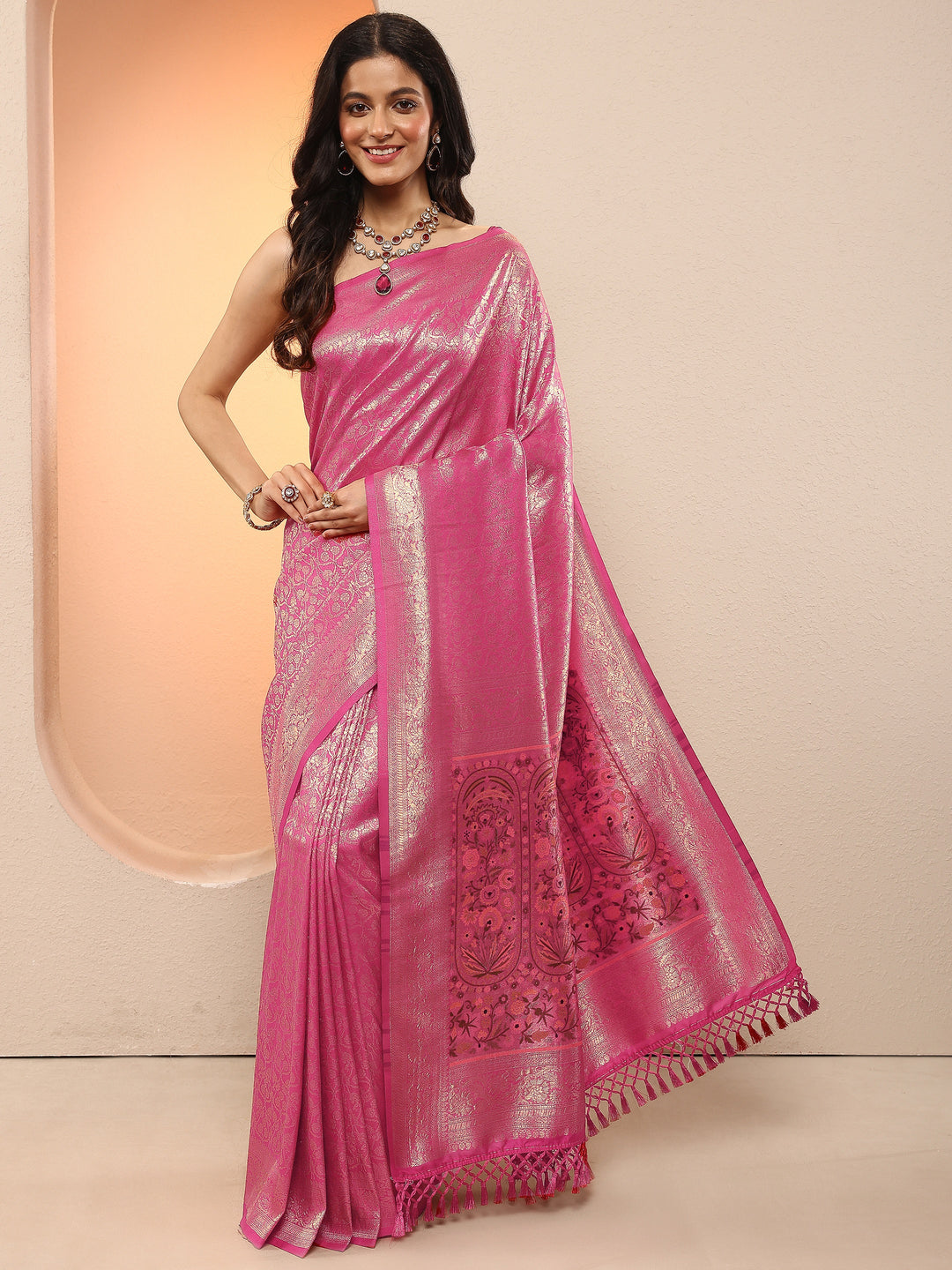  Pink Woven Design Silk Blend Sarees With Unstitched Blouse Piece 