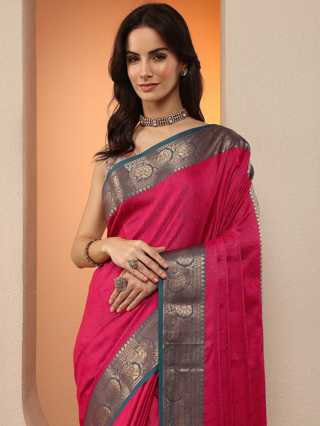  Pink Woven Design Silk Blend Saree With Unstitched Blouse Piece 