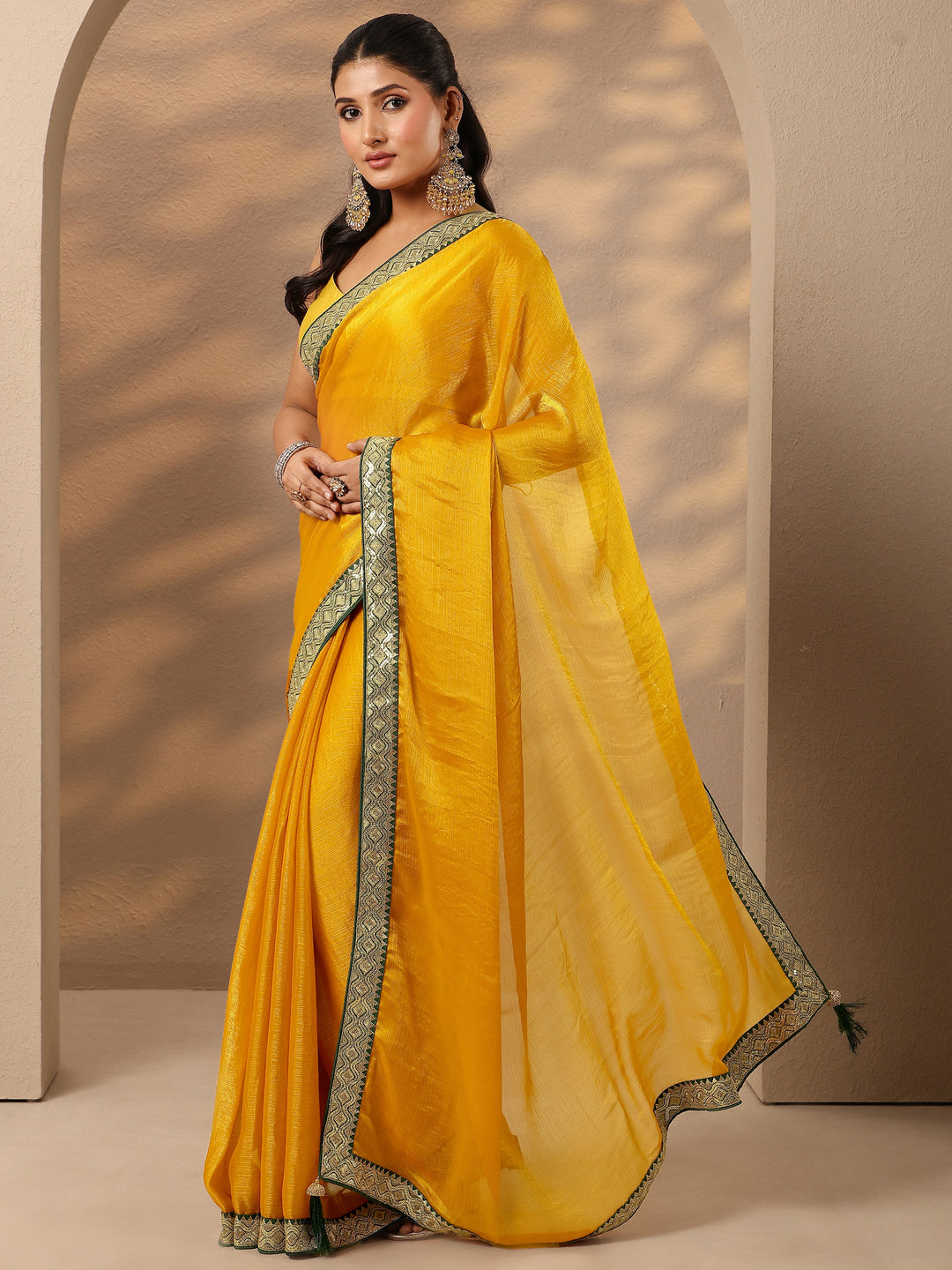  Mustard Solid Silk Blend Saree With Unstitched Blouse Piece 
