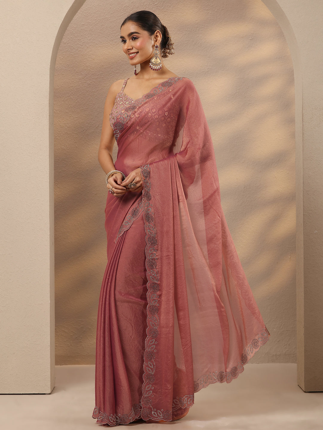  Pink Solid Silk Blend Saree With Unstitched Blouse Piece 