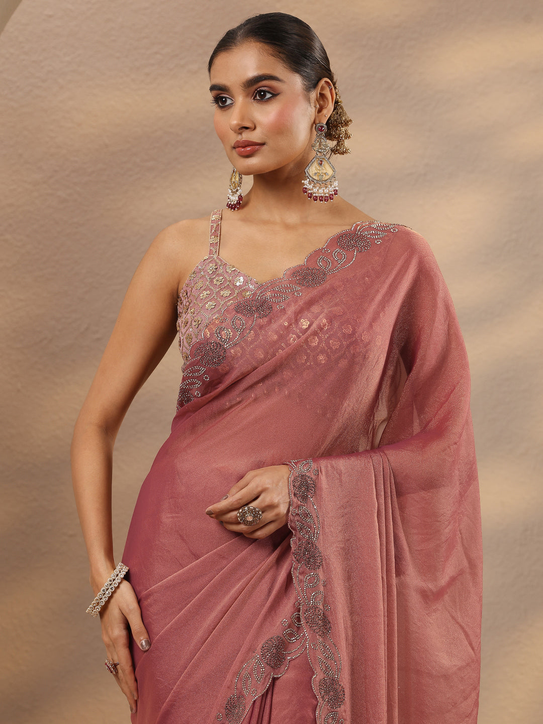  Pink Solid Silk Blend Saree With Unstitched Blouse Piece 