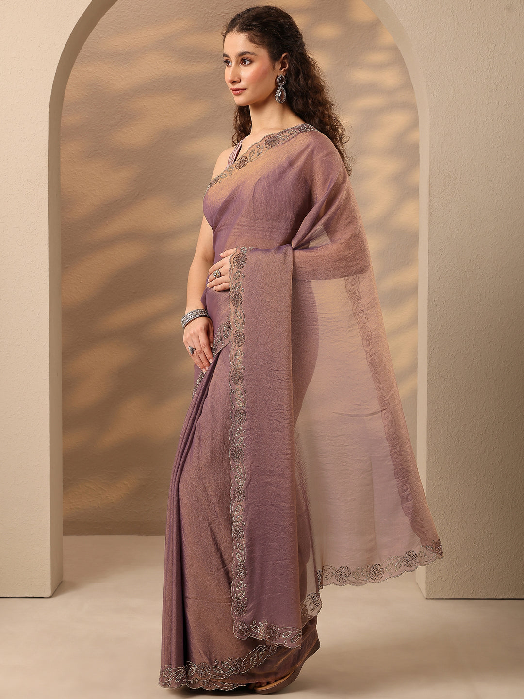  Purple Solid Silk Blend Saree With Unstitched Blouse Piece 
