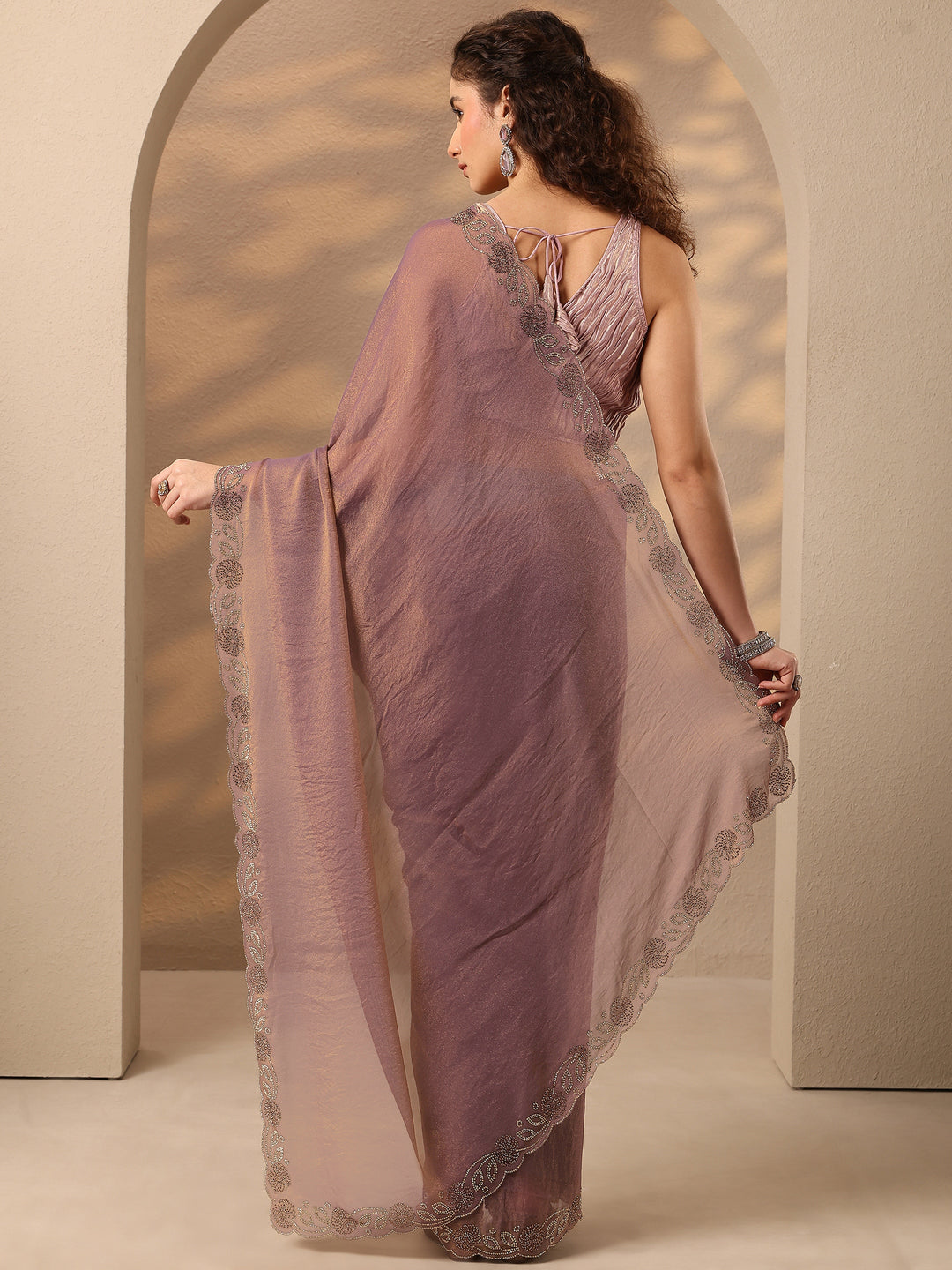 Purple Solid Silk Blend Saree With Unstitched Blouse Piece 