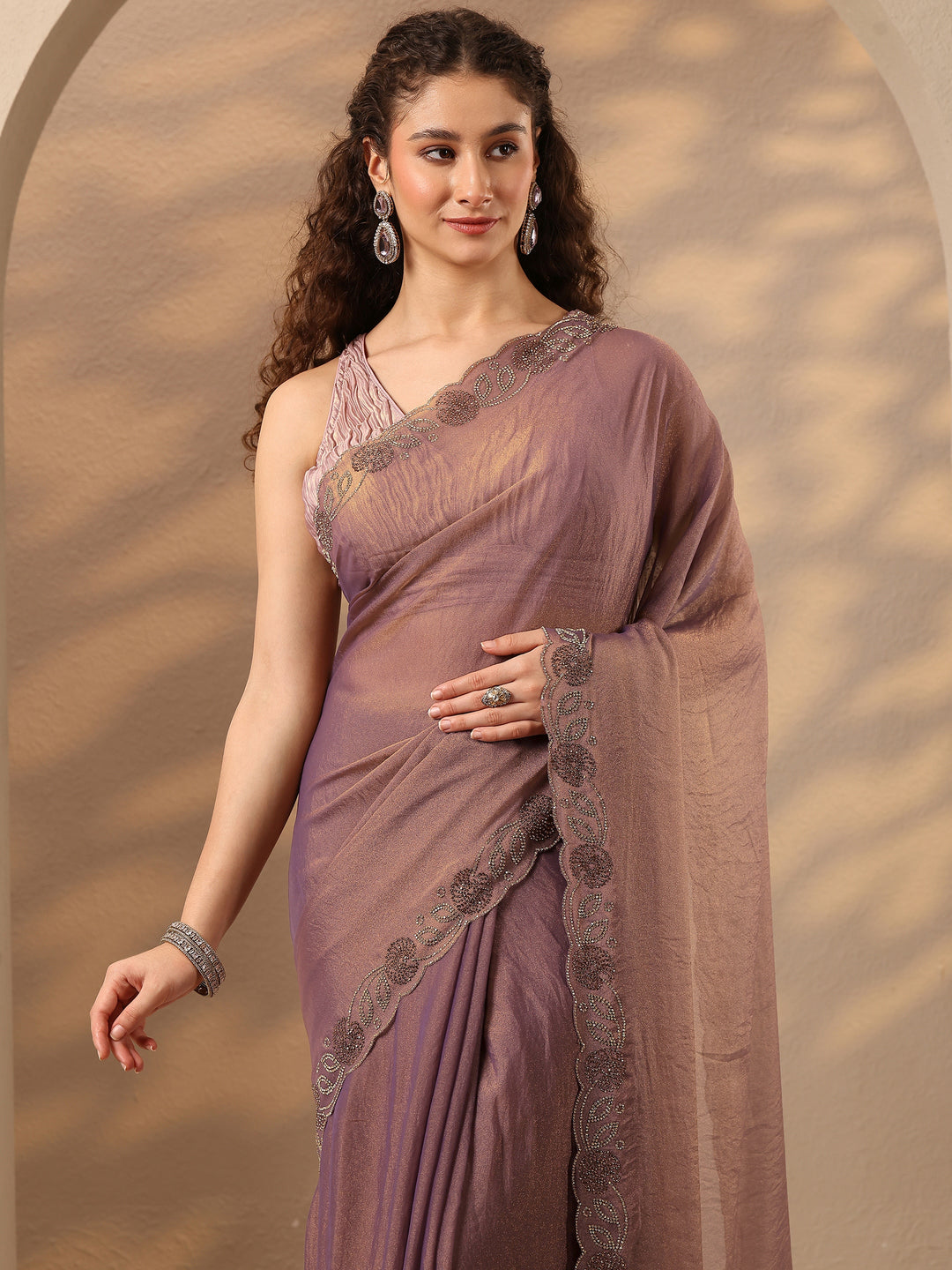  Purple Solid Silk Blend Saree With Unstitched Blouse Piece 