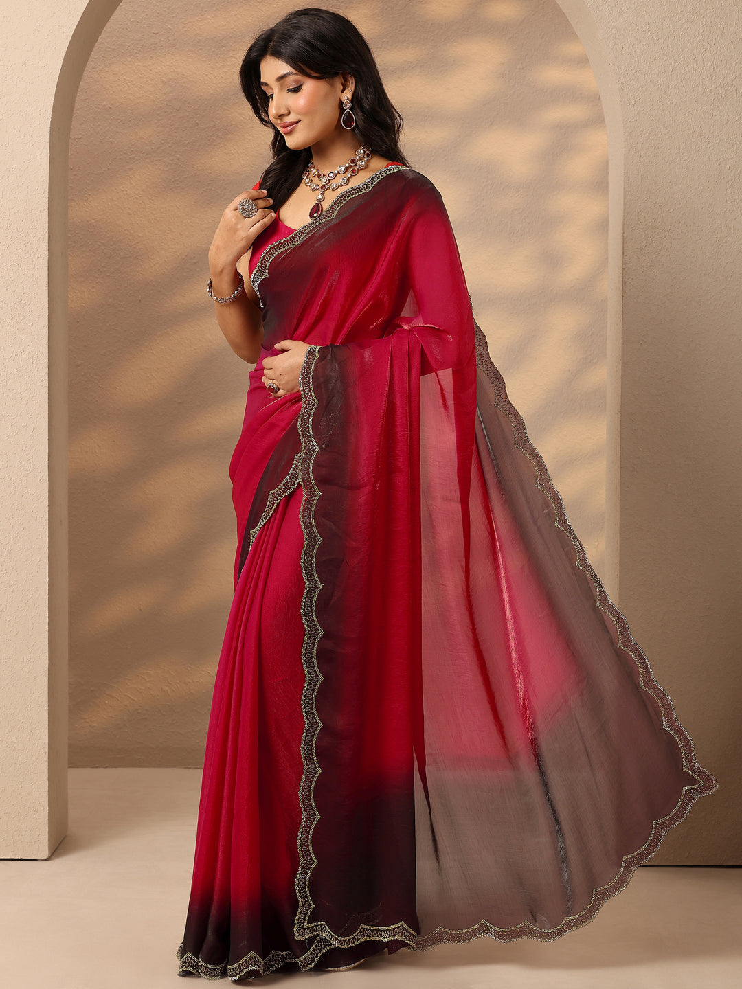  Red Solid Silk Blend Saree With Unstitched Blouse Piece 