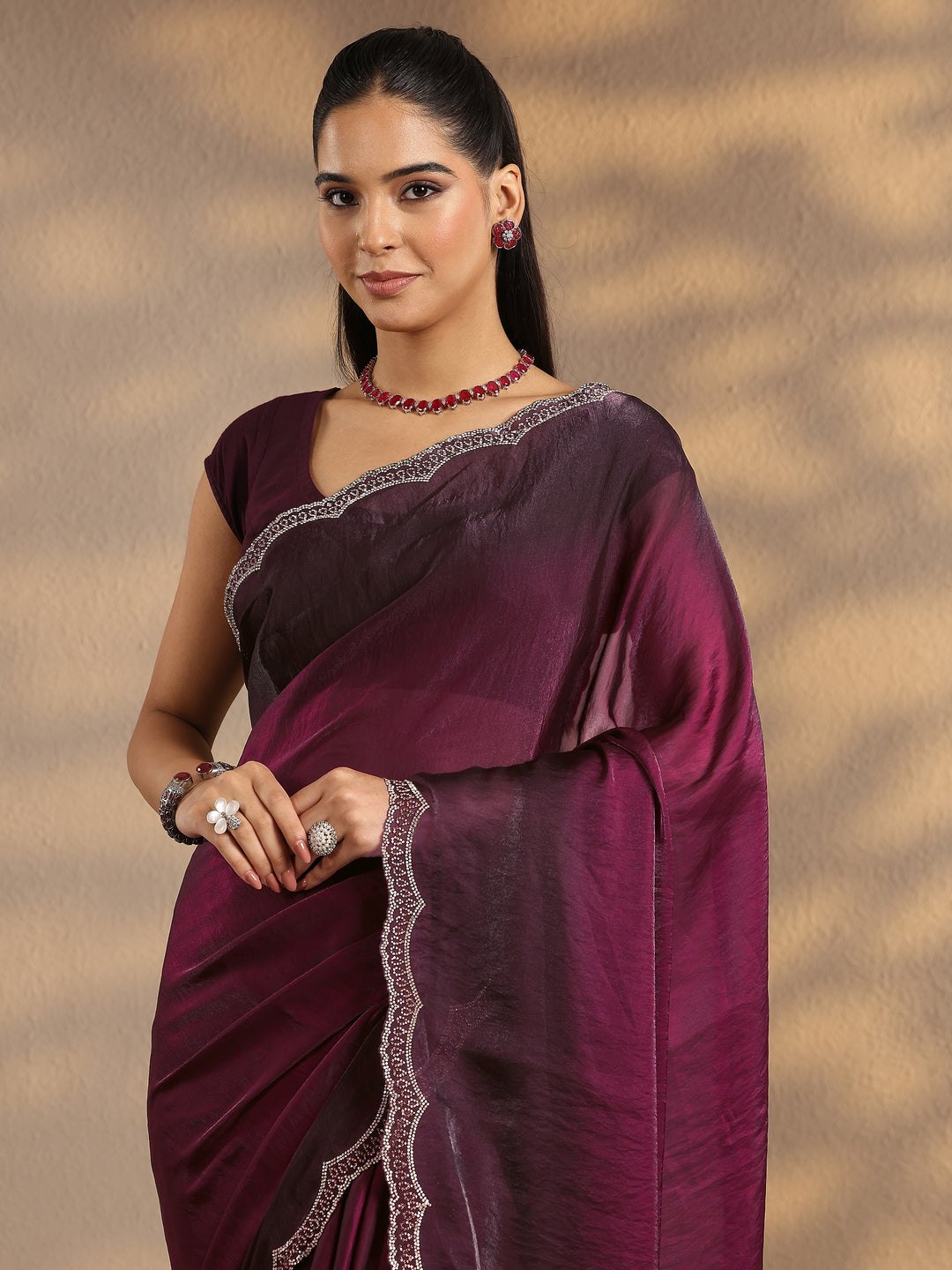  Burgundy Solid Silk Blend Saree With Unstitched Blouse Piece 