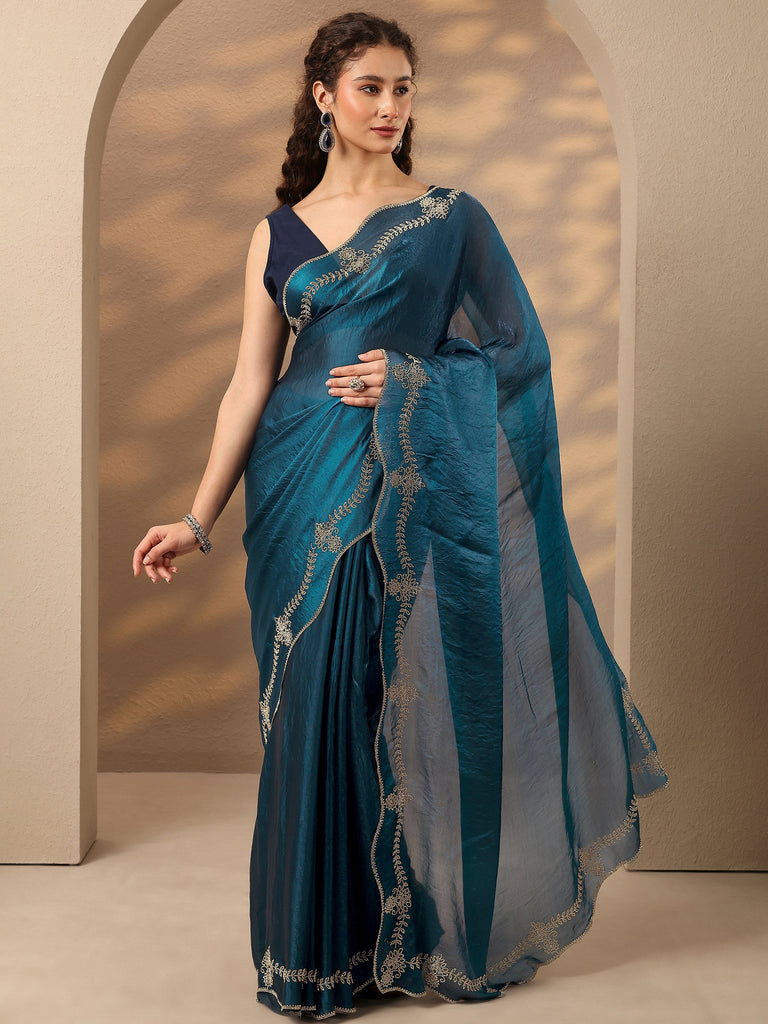Libas Teal Solid Silk Blend Saree With Unstitched Blouse Piece