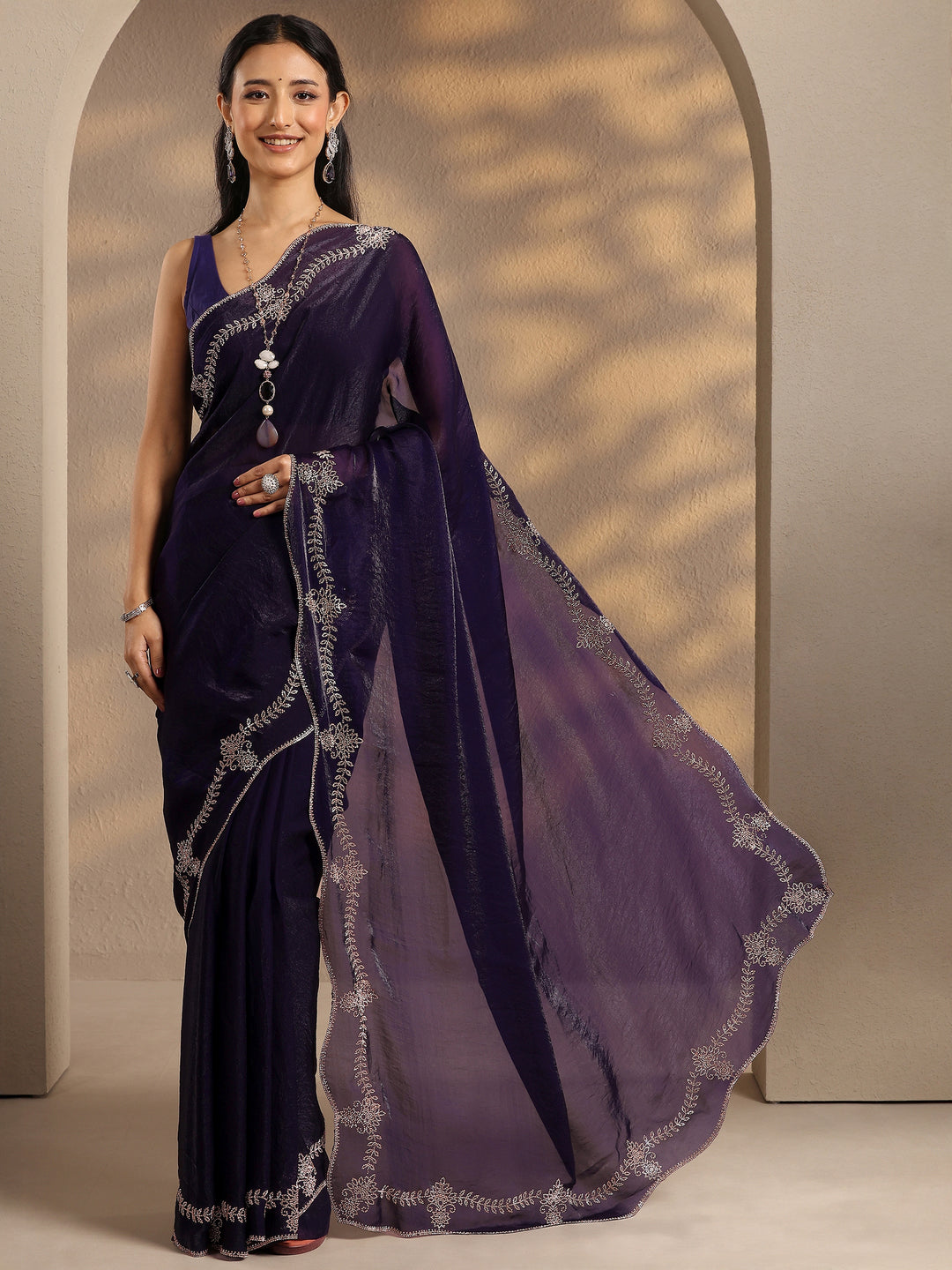  Purple Solid Silk Blend Saree With Unstitched Blouse Piece 