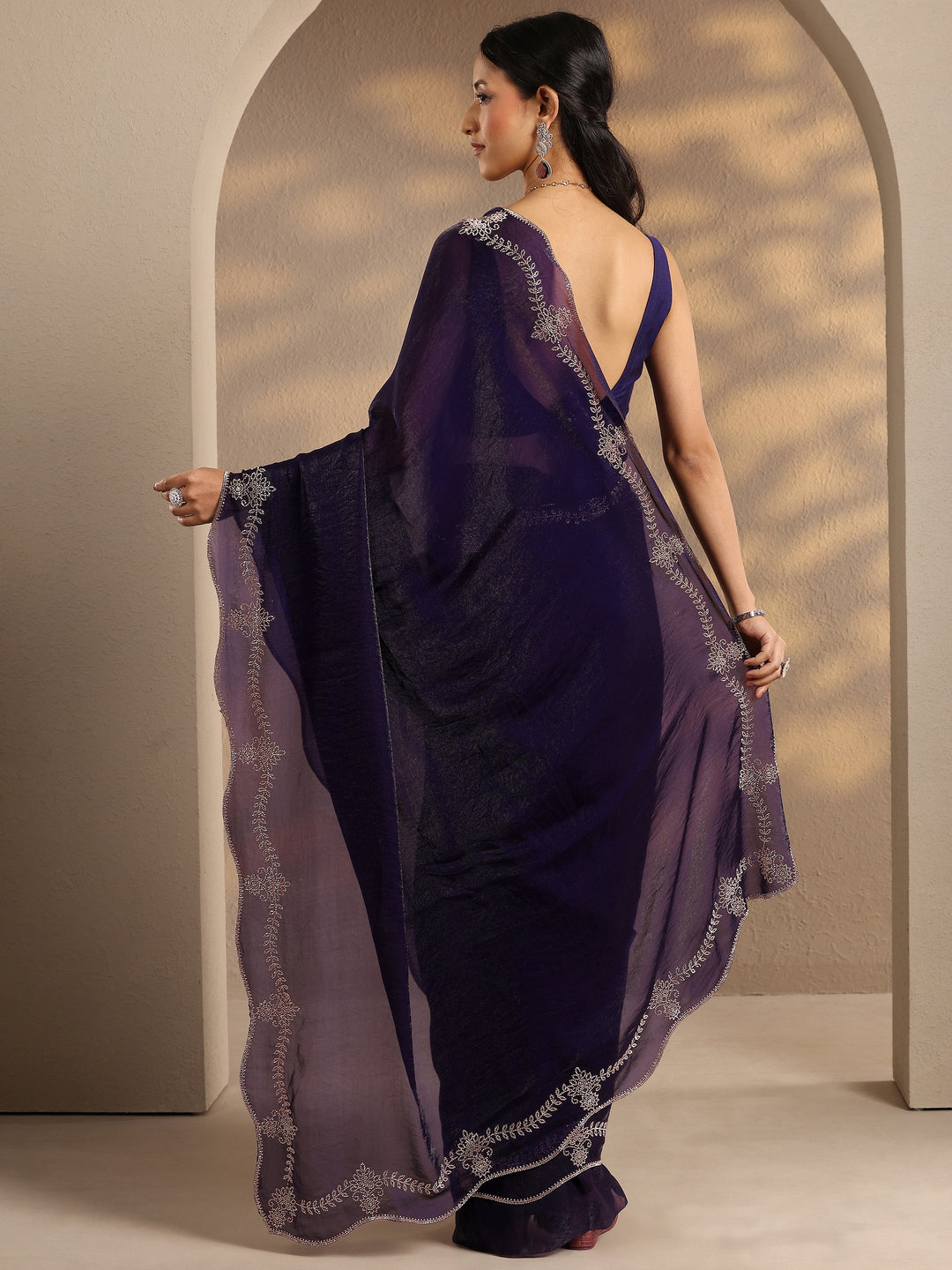  Purple Solid Silk Blend Saree With Unstitched Blouse Piece 