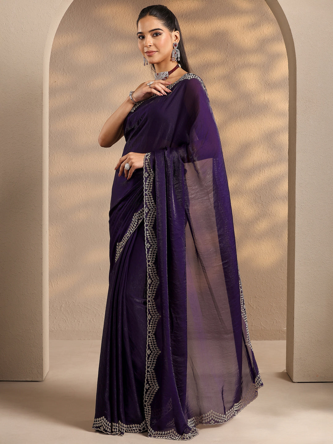  Purple Solid Silk Blend Saree With Unstitched Blouse Piece 