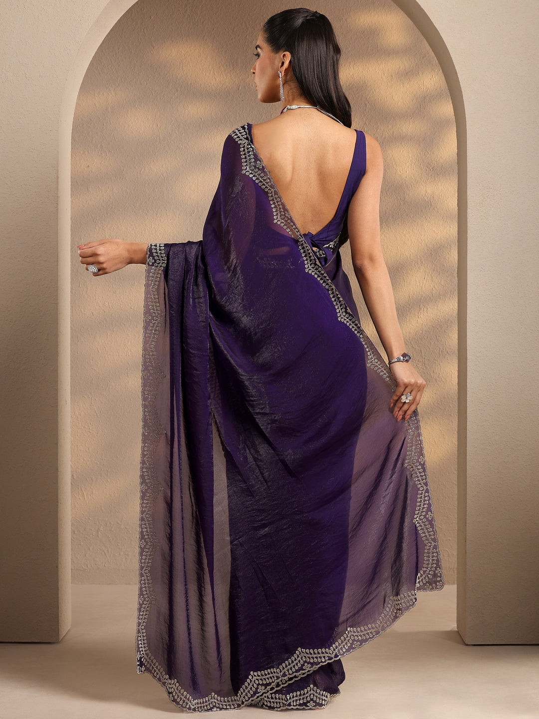  Purple Solid Silk Blend Saree With Unstitched Blouse Piece 