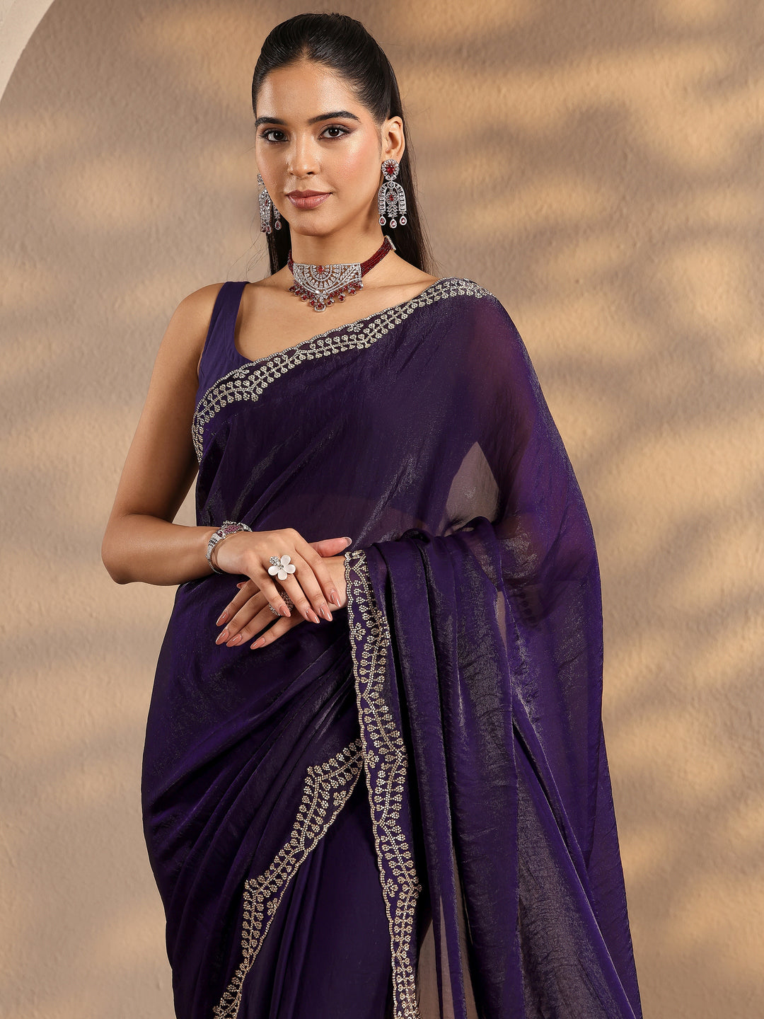  Purple Solid Silk Blend Saree With Unstitched Blouse Piece 