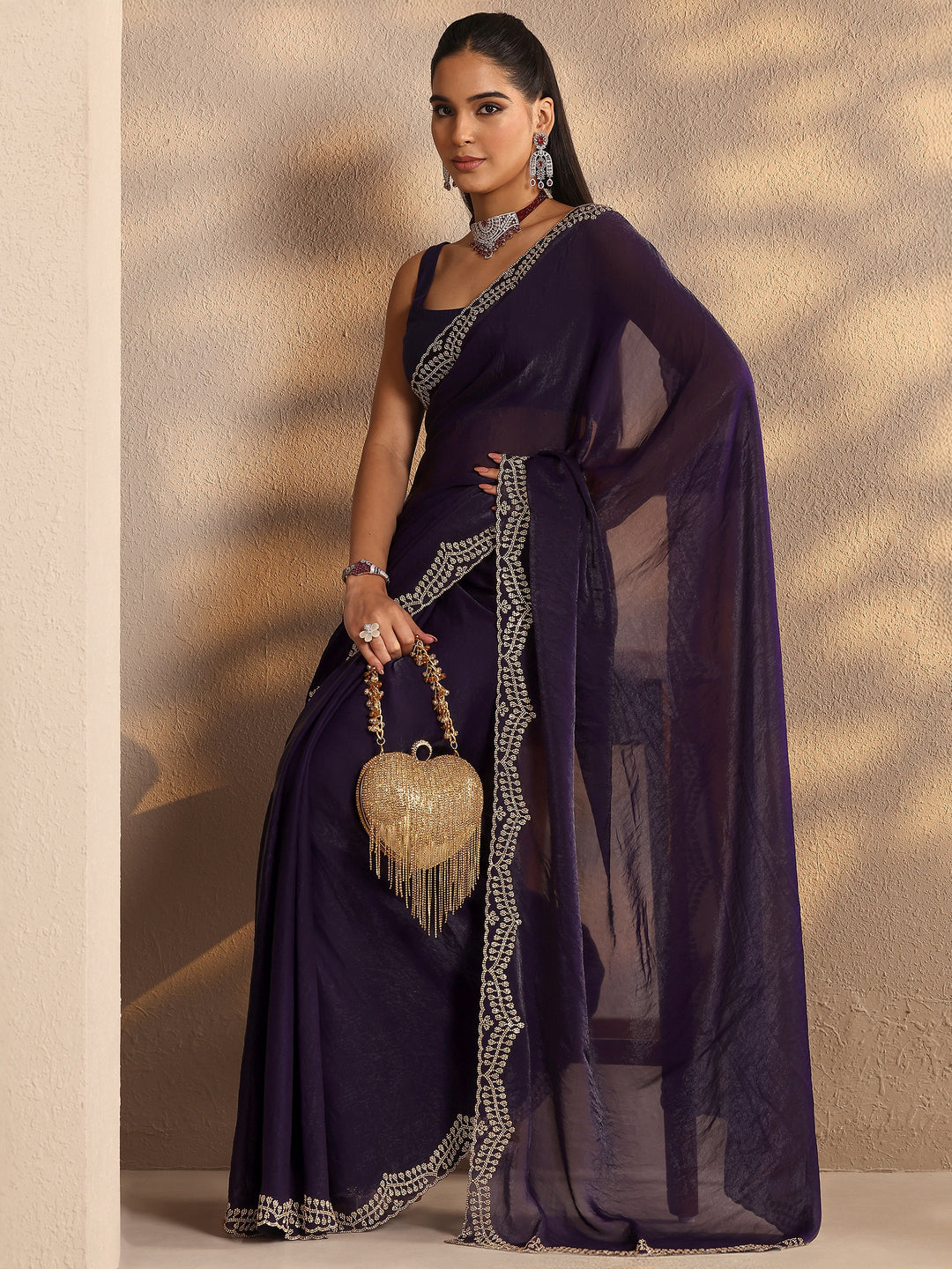  Purple Solid Silk Blend Saree With Unstitched Blouse Piece 