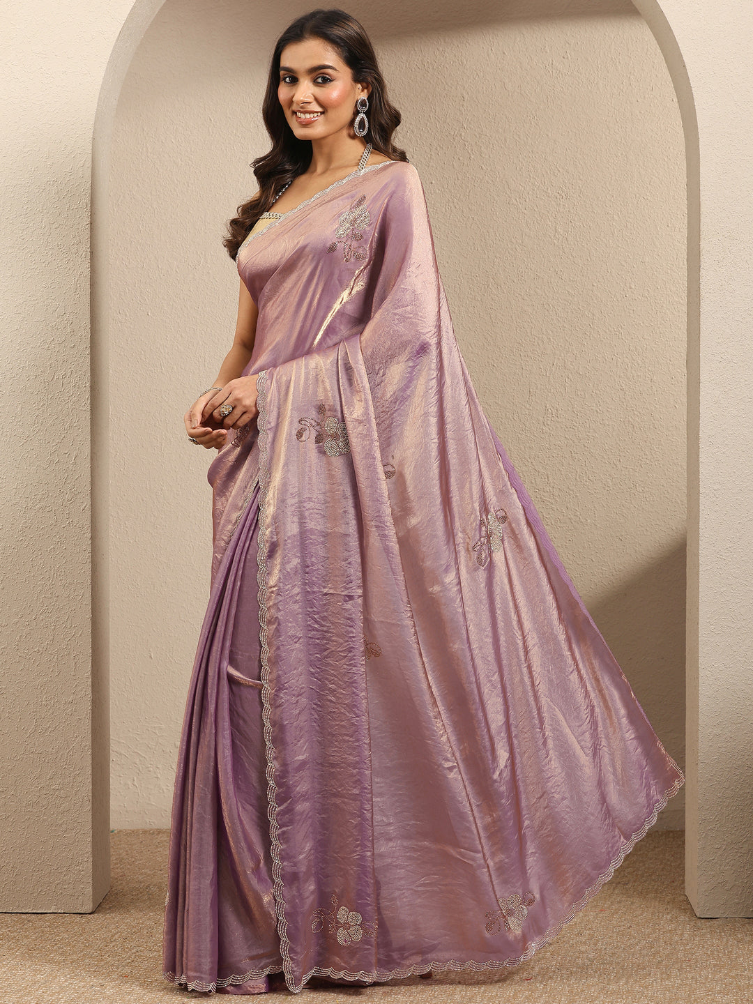  Lavender Embellished Silk Blend Saree With Unstitched Blouse Piece 