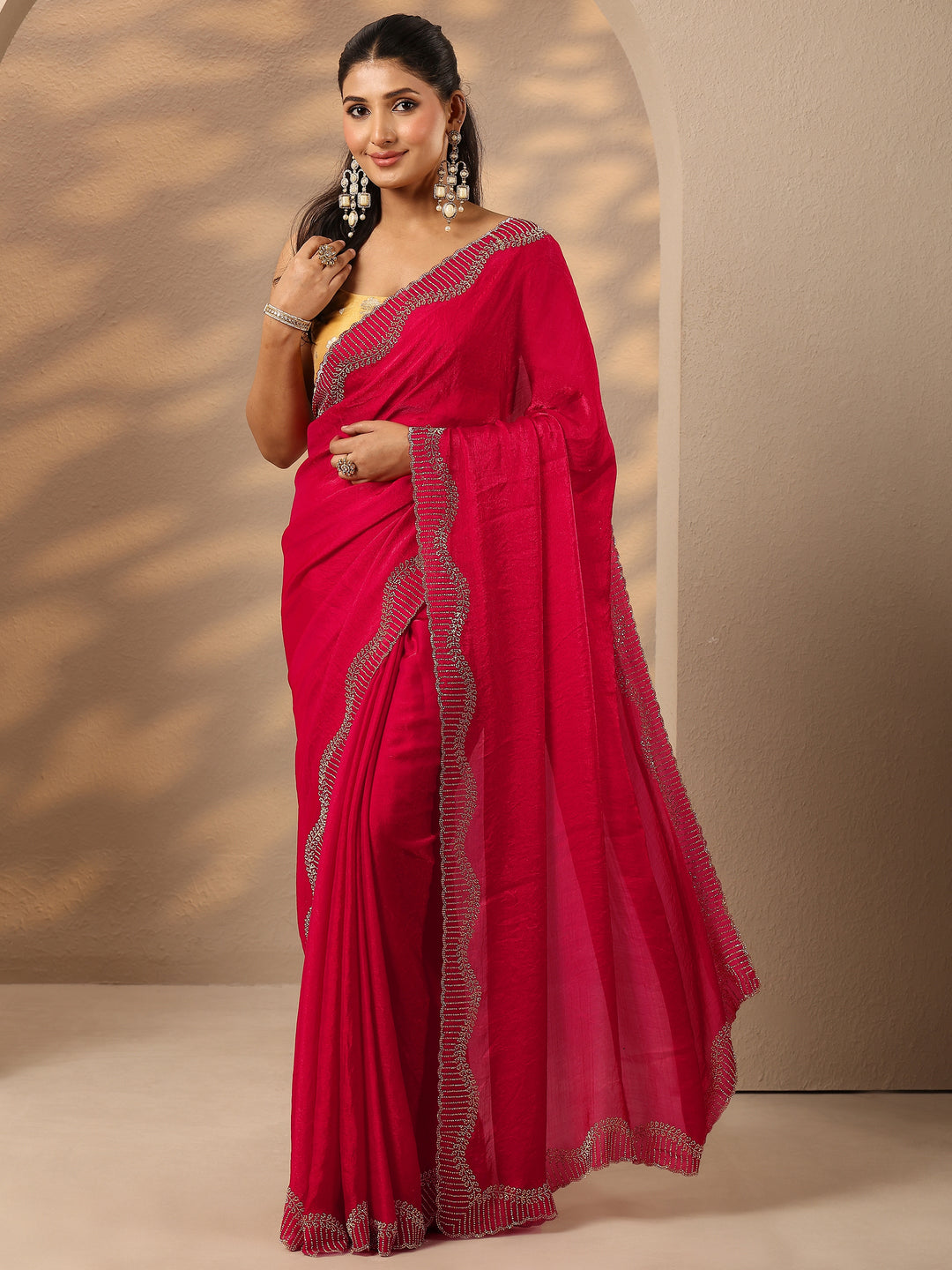  Pink Solid Silk Blend Saree With Unstitched Blouse Piece 