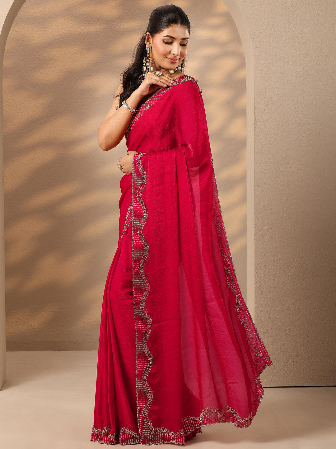  Pink Solid Silk Blend Saree With Unstitched Blouse Piece 